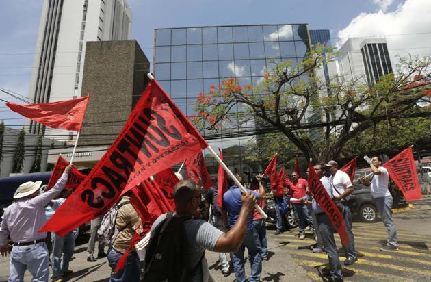 A protest outside the Mossack Fonseca offices in Panama City in April.(AP File)