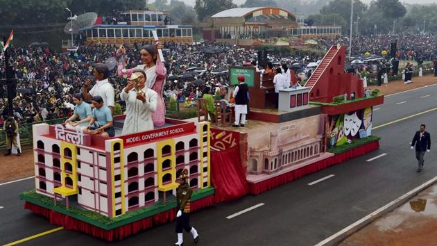 The tableau of Delhi passes through the 68th Republic Day Parade at Rajpath in New Delhi on Thursday.(PTI)