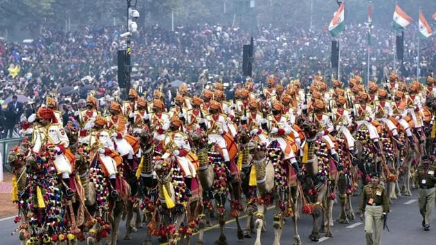 BSF camel mount contingent take part during the 68th Republic Day Parade at Rajpath in New Delhi on Thursday.(PTI Photo)