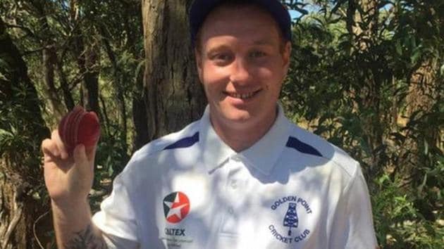 Australian club cricketer Aled Carey, 29, who plays for Golden Point Cricket Club in the Ballarat Cricket Association fourth-team fixture matches, was wicketless in his first eight overs against East Ballarat last Saturday. His ninth over produced the rare feat.(Golden Point Cricket Club)