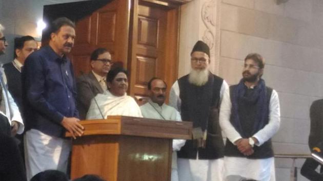 Mukhtar Ansari’s brother and son also joined the BSP in the presence of party supremo Mayawati.(HT Photo)