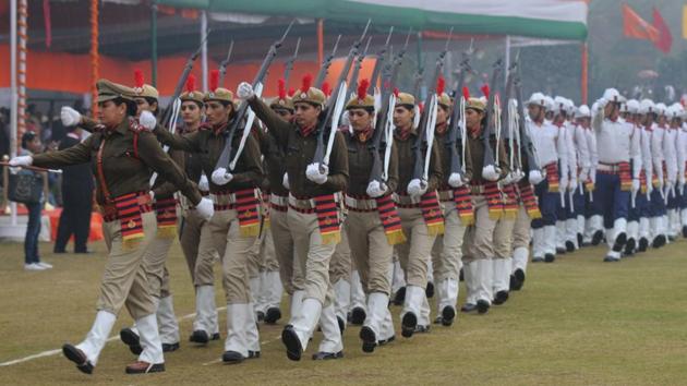 The women battalion marches past during the 68th Republic Day parade at Tau Devi Lal Stadium on Thursday.(Parveen Kumar/HT Photo) The women battalion marches past during the 68th Republic Day parade at Tau Devi Lal Stadium on Thursday.(Parveen Kumar/HT Photo)