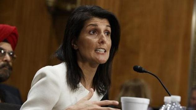 US President Donald Trump is pleased that Nikki Haley, sworn in as the US ambassador to the UN, “is our nation’s first Indian-American cabinet level officer.”(AP File Photo) US President Donald Trump is pleased that Nikki Haley, sworn in as the US ambassador to the UN, “is our nation’s first Indian-American cabinet level officer.”(AP File Photo)