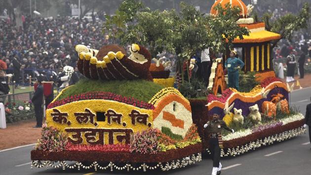 CPWD Tableaux pass through the saluting base during the Republic Day parade. (Mohd Zakir/HT PHOTO)