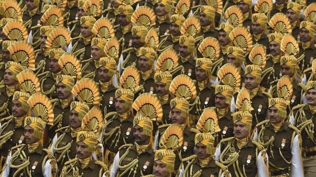 Central Industrial Security Force contingent march past during the parade. (Raj K Raj/HT PHOTO)