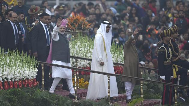 President Pranab Mukherjee (front), Prime Minister Narendra Modi , General Sheikh Mohammed Bin Zayed Al Nahyan, the crown prince of Abu Dhabi, after Republic Day celebrations at Rajpath. More than 50,000 security personnel were deployed in the capital to prevent any possible attack. (Arvind Yadav/HT PHOTO)