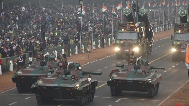 Infantry Combat Vehicle BMP-2K on display during the 68th Republic Day parade at Rajpath in New Delhi,on Thursday. The nearly 100-minute parade displayed India’s latest weaponry, including missiles and Indian-manufactured radar systems. (Raj K Raj/HT photo)