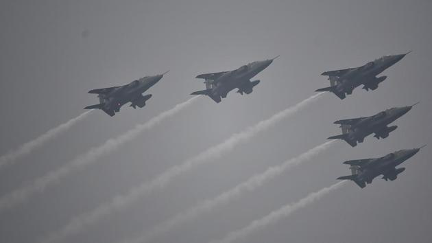 Fighter plane Jaguar fly during the celebrations to mark the 68th Republic Day in New Delhi. (Raj K Raj/HT photo)