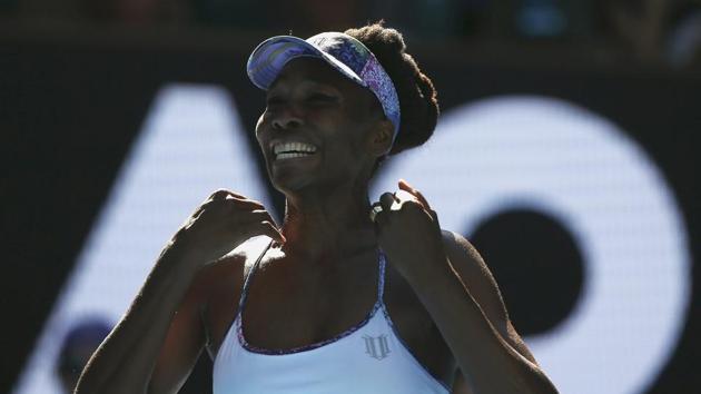 Venus Williams celebrates winning her Australian Open women's singles semi-final match against Coco Vandeweghe. (REUTERS) Venus Williams celebrates winning her Australian Open women's singles semi-final match against Coco Vandeweghe. (REUTERS)