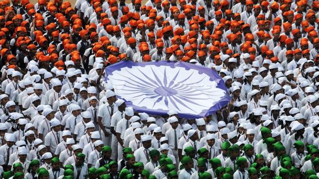 Indian school students form the national flag during an event to mark Republic Day in Chennai.(AFP Photo)