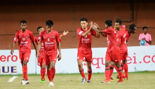 Churchill Brothers players celebrate after scoring a goal against Bengaluru FC in I-League. (AIFF) Churchill Brothers players celebrate after scoring a goal against Bengaluru FC in I-League. (AIFF)