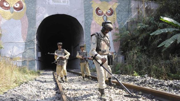 Paramilitary force personnel search part of the railway track on the eve of the country’s Republic Day celebrations in the Baramura hill range near Agartala on Wednesday. (APF photo) Paramilitary force personnel search part of the railway track on the eve of the country’s Republic Day celebrations in the Baramura hill range near Agartala on Wednesday. (APF photo)