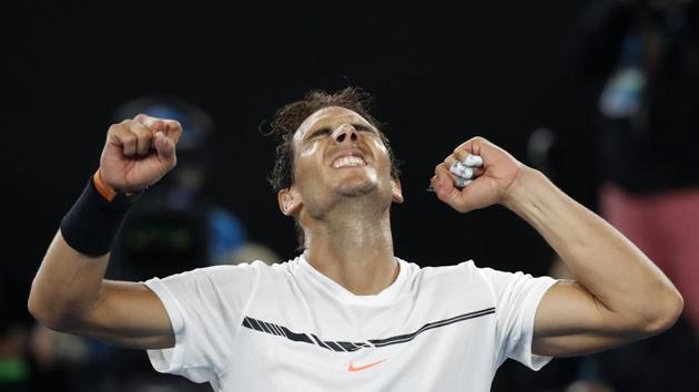 Rafael Nadal celebrates after defeating Grigor Dimitrov in their Australian Open semifinal on Friday.(AP)