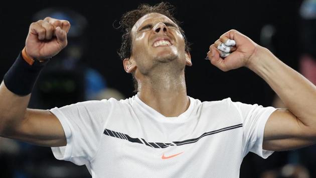 Rafael Nadal celebrates after defeating Bulgaria's Grigor Dimitrov in their semifinal at the Australian Open. (AP)