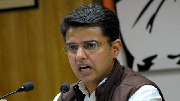 Congress leader Sachin Pilot addressing a press conference in Jaipur.(PTI Photo)