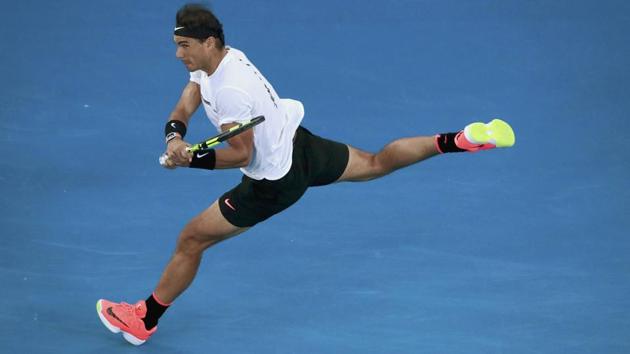 Rafael Nadal hits a shot during his Men's singles semi-final match against Grigor Dimitrov. (REUTERS)