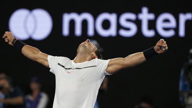 Rafael Nadal celebrates winning his Men's singles semi-final match against Bulgaria's Grigor Dimitrov. (REUTERS)