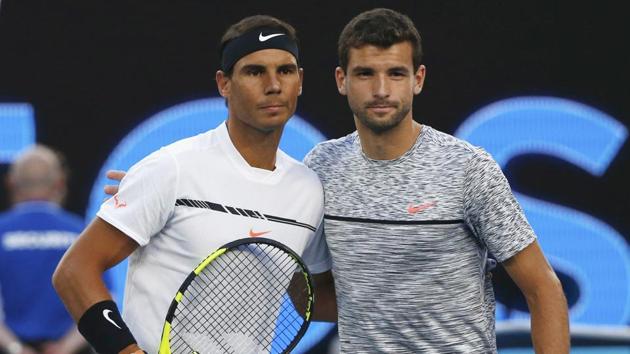 Spain's Rafael Nadal and Bulgaria's Grigor Dimitrov pose for a photo before their Men's singles semi-final match. (REUTERS)
