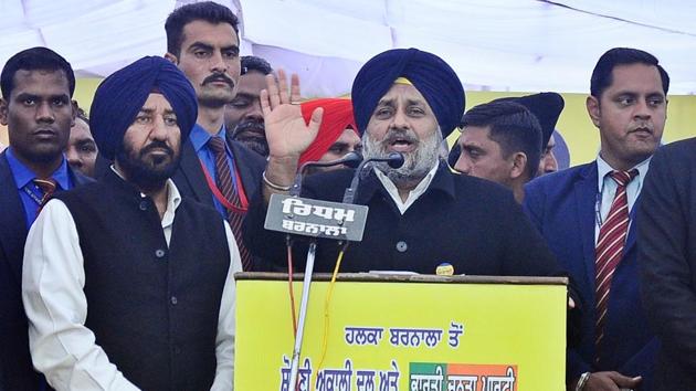Shiromani Akali Dal (SAD) president and Punjab deputy chief minister Sukhbir Singh Badal in Barnala on Saturday.(HT Photo)