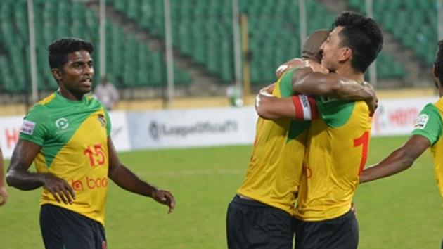 Chennai City FC players celebrate a goal against Aizawl FC during their 2-0 win on Saturday.(I-League)