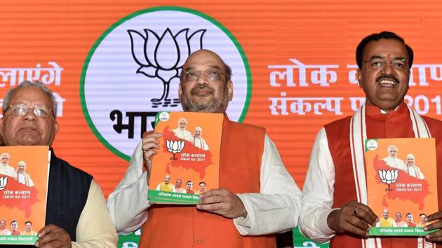 BJP president Amit Shah with party leaders releasing party manifesto for the upcoming Uttar Pradesh assembly elections in Lucknow on Saturday, Jan 28, 2017. (PTI) BJP president Amit Shah with party leaders releasing party manifesto for the upcoming Uttar Pradesh assembly elections in Lucknow on Saturday, Jan 28, 2017. (PTI)