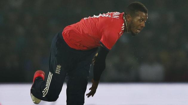 Chris Jordan took 1/27 in England’s first Twenty20 against India in Kanpur on Thursday.(AP) Chris Jordan took 1/27 in England’s first Twenty20 against India in Kanpur on Thursday.(AP)