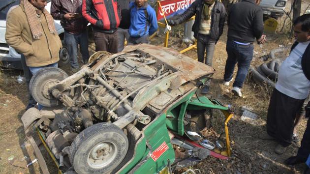 Four persons were killed when a speeding Audi Q7 hit an auto on the Hindon canal road in Ghaziabad on Saturday. The three passengers and the driver were killed while the car occupants fled the spot leaving the car behind .