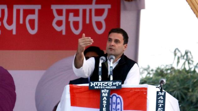 Rahul Gandhi at a rally in Bathinda on Friday.(Sanjeev Kumar/HT Photo)