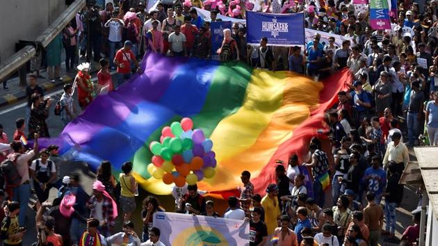 People participate in the Queer Azadi March at August Kranti Maidan in Mumbai on Saturday. (Arijit Sen/HT PHOTO)