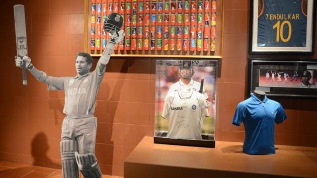 Sachin Tendulkar’s shirt, the gloves he wore while scoring his 100th international hundred and many more memorabilia, including Usain Bolt’s shoes and bats from Sourav Ganguly, are on display at the Fanatic Sports Museum that was inaugurated in Kolkata on Sunday.(Prateek Choudhury/HT)