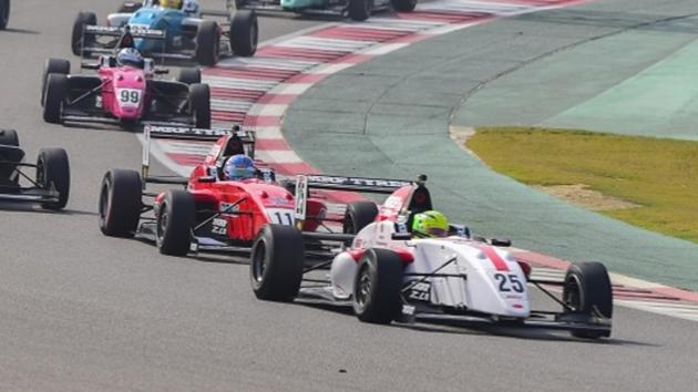 Mick Schumacher leads the pack during the MRF Challenge race at Buddh Circuit on Sunday.(HT Photo)