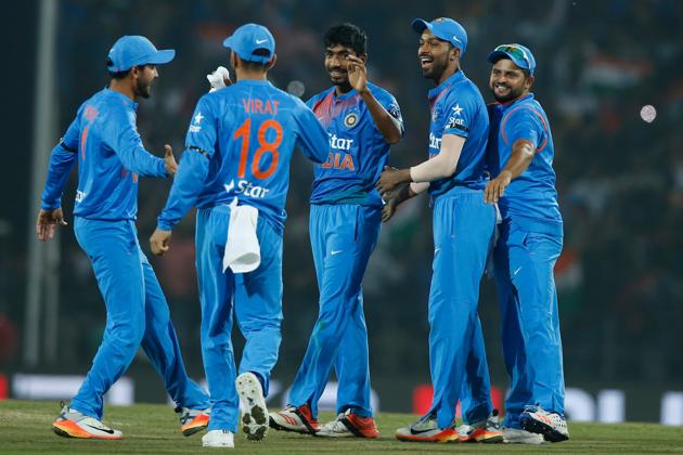 Jasprit Bumrah (2/20) gave just two runs in the last over to guide India to a five-run win. (BCCI)