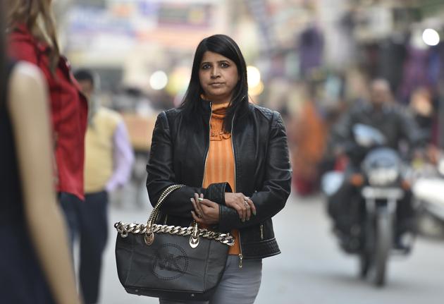 New Delhi:Monika Arora, a resident of Prashant Vihar, has been a victim of snatching twice in the last 9 months. Last week her bag was snatched outside her house at Prasant Vihar.(Raj K Raj/HT PHOTO)