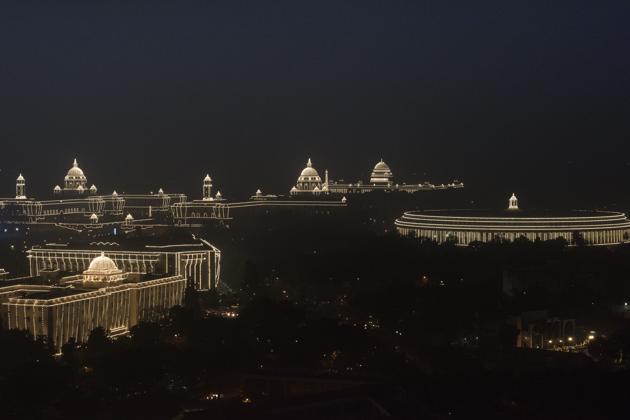An aerial view of Illuminated Rashtrapati Bhavan, and the Parliament house on the occasion of Republic Day seen from Le Meridian Hotel in New Delhi, India. (Arun Sharma/HT PHOTO) An aerial view of Illuminated Rashtrapati Bhavan, and the Parliament house on the occasion of Republic Day seen from Le Meridian Hotel in New Delhi, India. (Arun Sharma/HT PHOTO)