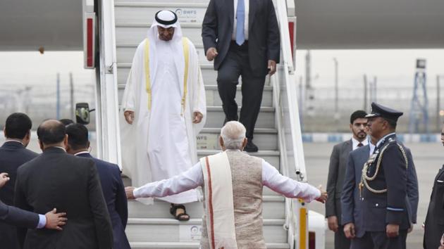 Prime Minister Narendra Modi welcomes Crown Prince of Abu Dhabi Sheikh Mohamed bin Zayed Al Nahyan after his arrival at Palam Airforce ground in New Delhi, India, on Tuesday, January 24, 2017. (Vipin Kumar/HT PHOTO) Prime Minister Narendra Modi welcomes Crown Prince of Abu Dhabi Sheikh Mohamed bin Zayed Al Nahyan after his arrival at Palam Airforce ground in New Delhi, India, on Tuesday, January 24, 2017. (Vipin Kumar/HT PHOTO)