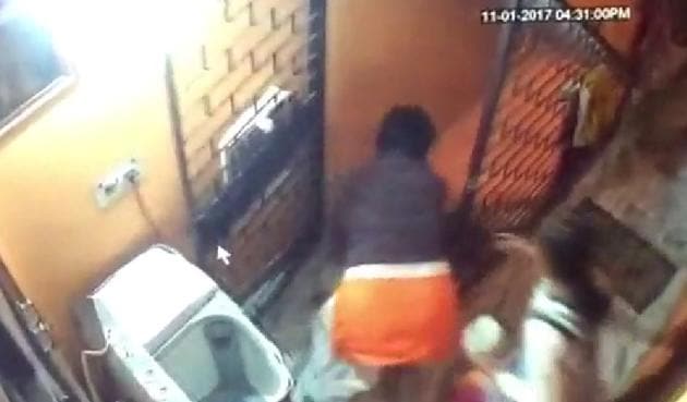 A stressed mother threw her two-year-old son down a light of stairs last week. The incident was recorded in the CCTV installed at the house in Pul Prahladpur.(HT Photo) A stressed mother threw her two-year-old son down a light of stairs last week. The incident was recorded in the CCTV installed at the house in Pul Prahladpur.(HT Photo)