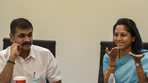 Mumbai NCP chief Sachin Ahir and party leader Supriya Sule interact with HT journalists in Parel on Monday. (Kunal Patil/HT) Mumbai NCP chief Sachin Ahir and party leader Supriya Sule interact with HT journalists in Parel on Monday. (Kunal Patil/HT)