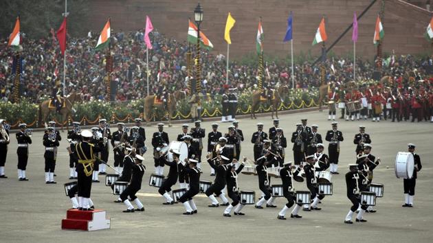 Members of the Navy forces take part in the Beating the Retreat ceremony. The beating retreat is supposed to mark the official end of Republic Day festivities in the country. (Arun Sharma/HT photo) Members of the Navy forces take part in the Beating the Retreat ceremony. The beating retreat is supposed to mark the official end of Republic Day festivities in the country. (Arun Sharma/HT photo)