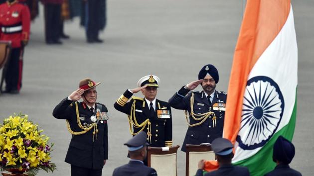 Left to Right: Indian Army chief Bipin Rawat, Navy chief Sunil Lanba and Airforce chief Birender Singh Dhanoa. (Virendra Singh Gosain/HT photo) Left to Right: Indian Army chief Bipin Rawat, Navy chief Sunil Lanba and Airforce chief Birender Singh Dhanoa. (Virendra Singh Gosain/HT photo)