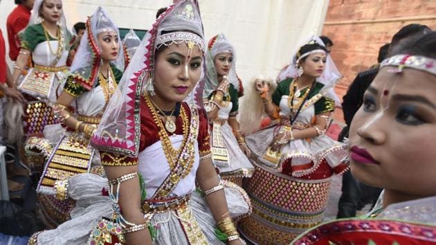 Manipur folk dance artists get ready to perform on stage during ‘Bharat Parv’. The cultural performances include choreographed folk / tribal dances and music from across the country arranged through the North Zonal Cultural Centre as well as performances by cultural troupes from the different States/ UTs of the country. (Raj K Raj/HT PHOTO)