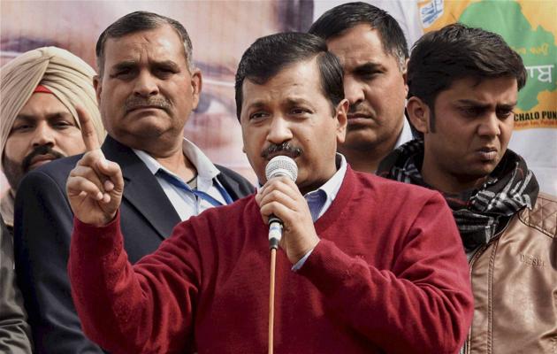 Delhi chief minister and Aam Aadmi Party (AAP) national convener Arvind Kejriwal addresses a public rally at Naag Kalan village in Majitha constituency in Amritsar on Jan 29.(PTI Photo)