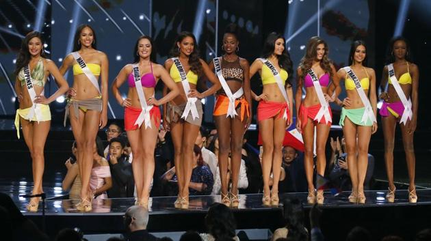 The contenders were trimmed to nine, including local hopeful Maxine Medina, who overcame a torrent of domestic criticism of her public-speaking skills. From left, Maxine Medina of the Philippines, Raquel Pelissier of Haiti, Sierra Bearchell of Canada, Andrea Tovar of Colombia, Mary Were of Kenya, Kristal Silva of Mexico, Iris Mittenaere of France, Chalita Suansane of Thailand and Deshauna Barber of the United States. (AP)