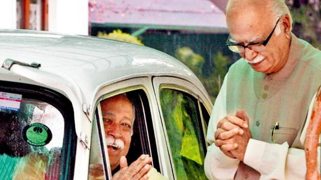 RSS chief Mohan Bhagwat (in car) with BJP's LK Advani after a breakfast meeting at the latter's residence in New Delhi in 2009. (Arvind Yadav/HT file photo) RSS chief Mohan Bhagwat (in car) with BJP's LK Advani after a breakfast meeting at the latter's residence in New Delhi in 2009. (Arvind Yadav/HT file photo)