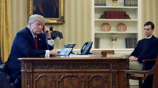 US President Donald Trump, joined by his senior advisor and son-in-law Jared Kushner (R), speaks by phone with the Saudi Arabia's King Salman in the Oval Office at the White House in Washington, U.S. January 29, 2017. (REUTERS Photo) US President Donald Trump, joined by his senior advisor and son-in-law Jared Kushner (R), speaks by phone with the Saudi Arabia's King Salman in the Oval Office at the White House in Washington, U.S. January 29, 2017. (REUTERS Photo)