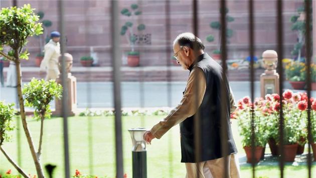 Finance minister Arun Jaitley leaves after an all-party meeting ahead of the budget session at Parliament House in New Delhi on Monday.(PTI)