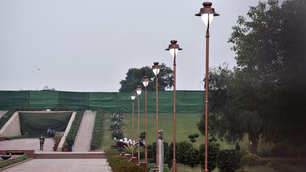 Decorative lamp posts with energy-efficient LED lights, CCTV cameras and a solar energy unit are among the new facilities inaugurated at Rajghat as part of a facelift project.(Sanjeev Verma/HT PHOTO)