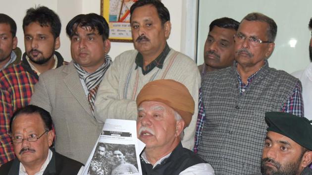 Founder of Karni Sena Lokendra Singh Kalvi interacted with media person on January 28.(HT Photo)