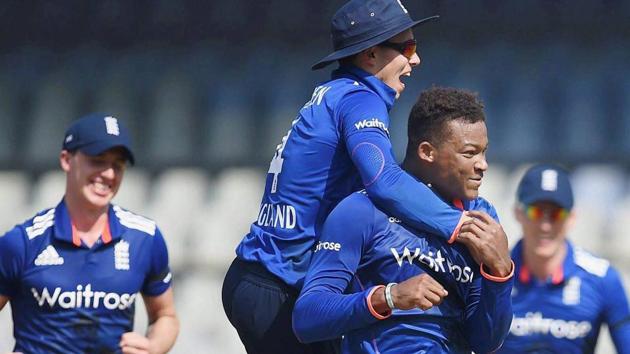 England's U-19 players celebrate the dismissal of India U-19 team’s Salman Khan during the 1st one-dayer at Wankhede Stadium in Mumbai on Monday. (PTI) England's U-19 players celebrate the dismissal of India U-19 team’s Salman Khan during the 1st one-dayer at Wankhede Stadium in Mumbai on Monday. (PTI)