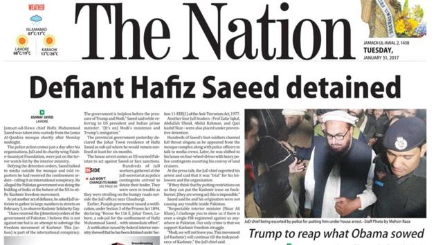 Image grab of the front page report in Pakistan’s The Nation daily on the detention of Jamaat-ud-Dawah chief Hafiz Saeed on Monday night.(Courtesy The Nation)