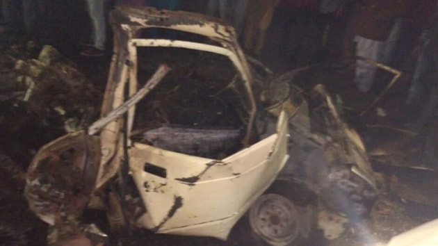 A mangled car after a blast in Maur on Tuesday.(HT Photo)